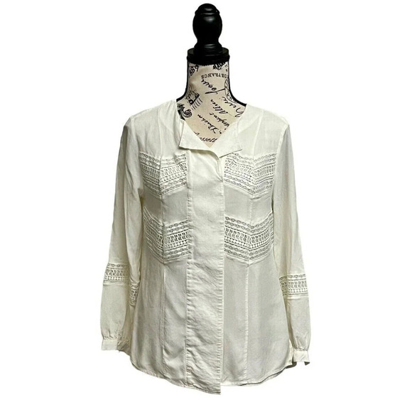 Chicos Lace-Trim Pullover Button Up Tunic Crochet Semi Sheer 0 4/6 Preppy Beach - Picture 2 of 10